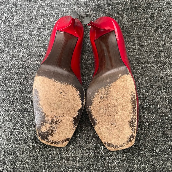 Stuart Weitzman Linda Pump Red Quasar Patent Leather Peep Toe Shiny Women’s 9.5 - Picture 5 of 9